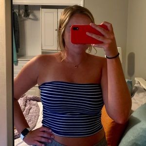 Navy blue and white striped tube top